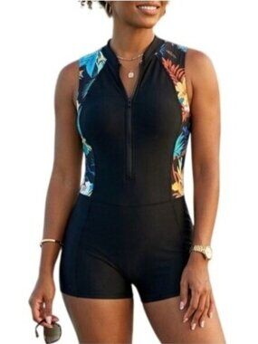 Lafykoly Size Medium Swimsuit Shorty Black Front Zipper Floral Side Panels